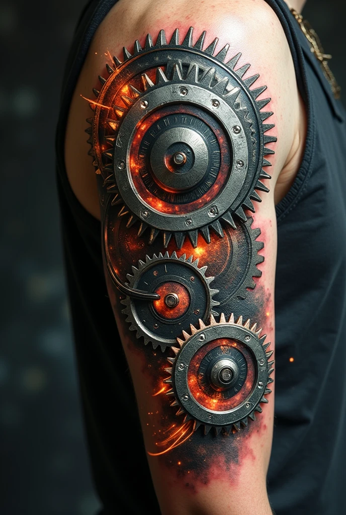 Relativity and Gear Movement tattoo: Create a design where the gears appear to be in motion, with distortions and visual effects that allude to time dilation and relativistic effects.