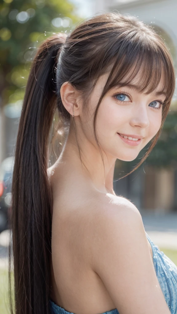 1girl, Teen, High Resolution, Breasts, Smile, Blue eyes, Bangs, Looking at viewer, Best Quality, Happy, Close-Up, Realism, Depth Of Field, Bokeh, Headphones, Cutel, Masterpiece, Long Hair, Ponytail, Hime Cut, Black Hair, Folded Ponytail, Ray Tracing, Nights, Living room