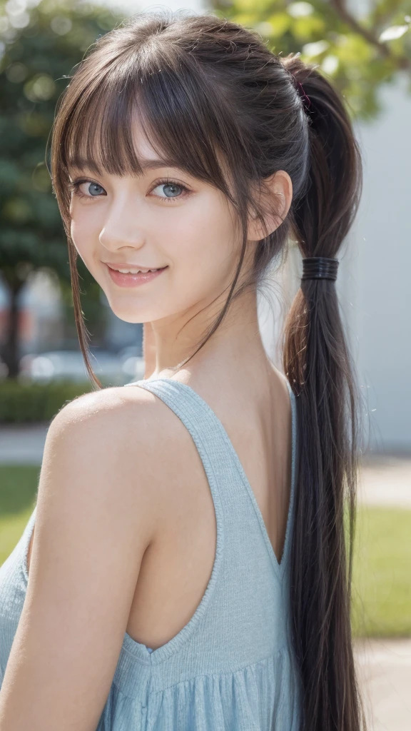 1girl, High Resolution, Breasts, Smile, Blue eyes, Bangs, Looking at viewer, Best Quality, Happy, Close-Up, Realism, Depth Of Field, Bokeh, Headphones, Cutel, Masterpiece, Long Hair, Ponytail, Hime Cut, Black Hair, Folded Ponytail, Ray Tracing, Nights, Living room 