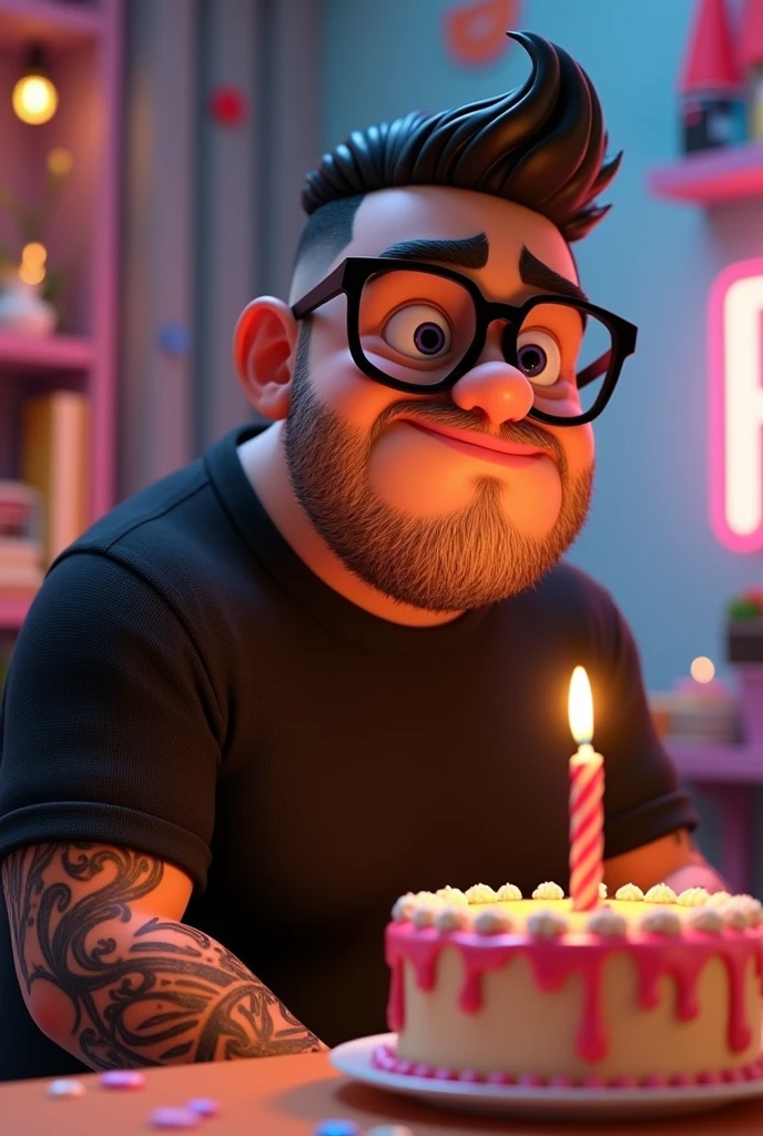 Disney Pixar style 3D character illustration of a plus-size man, square face of a bad boy with short hair combed to the side, black glasses, black sweater, tattoos on arms, blowing out a birthday candle
