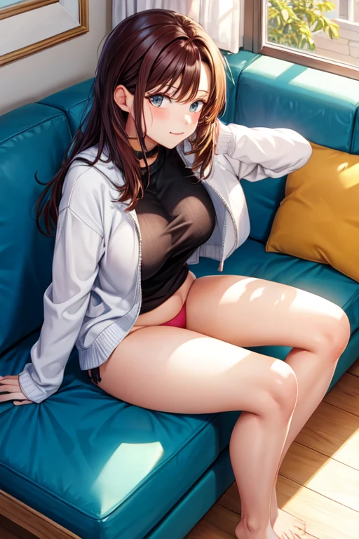 A woman, sueter, without pants, Sitting on a sofa