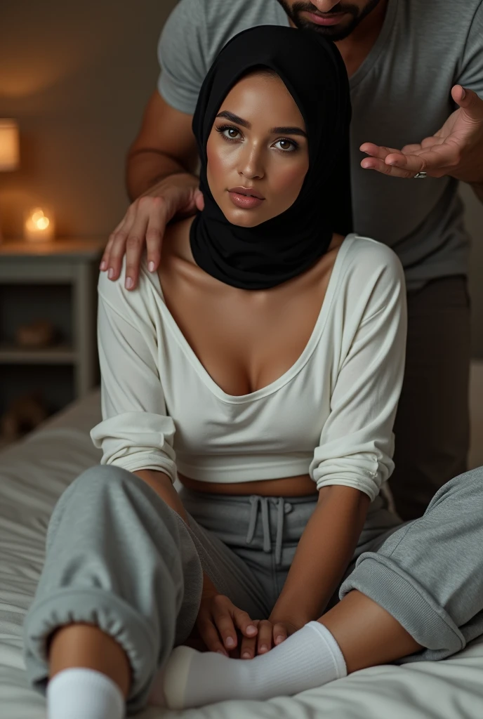 Muslim woman with a big ass fucked by 2black men in the bed