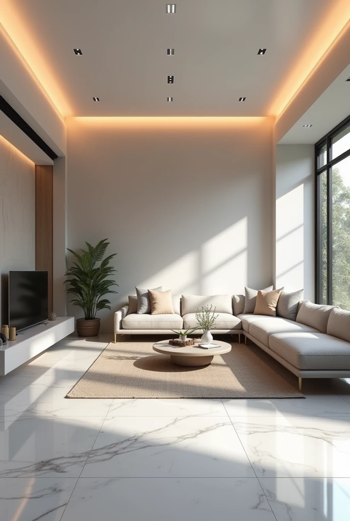 living room with gray sand paint on walls and LED lighting on ceiling white marble tiled floor