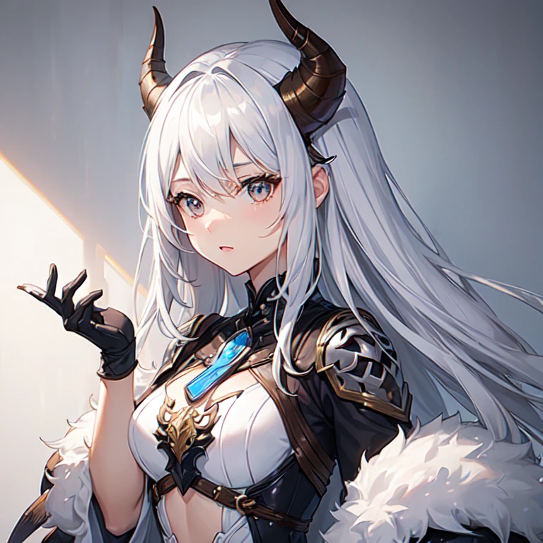 (((One Woman)))、A beautiful with silver hair, brown skin and two horns.、Gladiator、Bust up shot、Fantasy、In front of a white wall