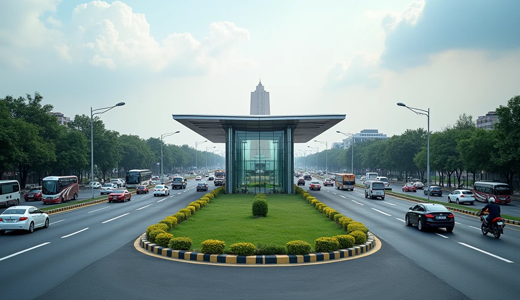 A small BRT bus station is built on the median between two lanes in Vientiane, Laos. The station consists of a simple structure made of glass and metal as the main materials. The roof has a transparent design, which is in line with modern architecture. Around the station, there are two clearly separated road lanes for buses only. (Return and forward lenses) General vehicles are prohibited from using this lane. On the side of the road, there is heavy traffic of cars, motorcycles and motorbikes passing by. In the background of the picture, you can see the Arc de Triomphe. (Patuxai) It is an important symbol of the city, located in the distance, representing the prosperity and development of Vientiane&#39;s infrastructure, which still maintains its own unique identity.
