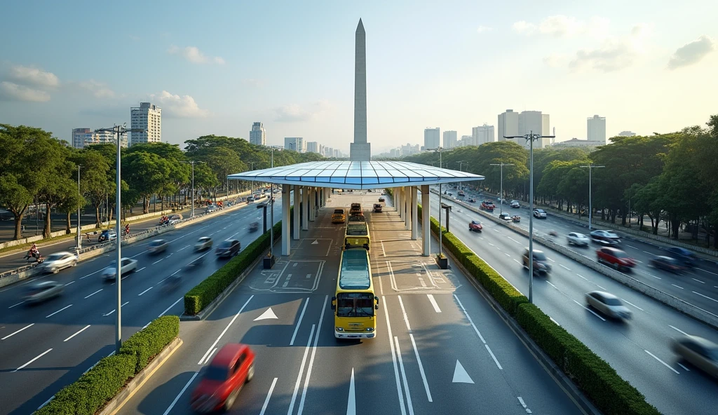 A small BRT bus station is built on the median between two lanes in Vientiane, Laos. The station consists of a simple structure made of glass and metal as the main materials. The roof has a transparent design, which is in line with modern architecture. Around the station, there are two clearly separated road lanes for buses only. (Return and forward lenses) General vehicles are prohibited from using this lane. On the side of the road, there is heavy traffic of cars, motorcycles and motorbikes passing by. In the background of the picture, you can see the Arc de Triomphe. (Patuxai) It is an important symbol of the city, located in the distance, representing the prosperity and development of Vientiane&#39;s infrastructure, which still maintains its own unique identity.
