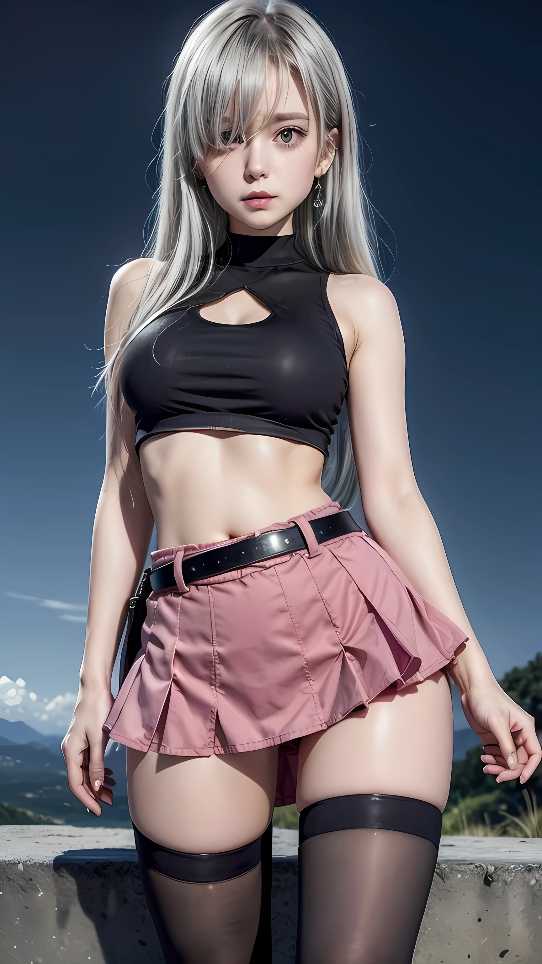 ((face portrait)), masterpiece, best quality, highres, Elizabeth, 1girl, jewelry, single thighhigh, silver hair, hair over one eye, midriff, black skirt, asymmetrical legwear, pink shirt, sleeveless, black thighhighs, belt, landscape background, standing, portrait