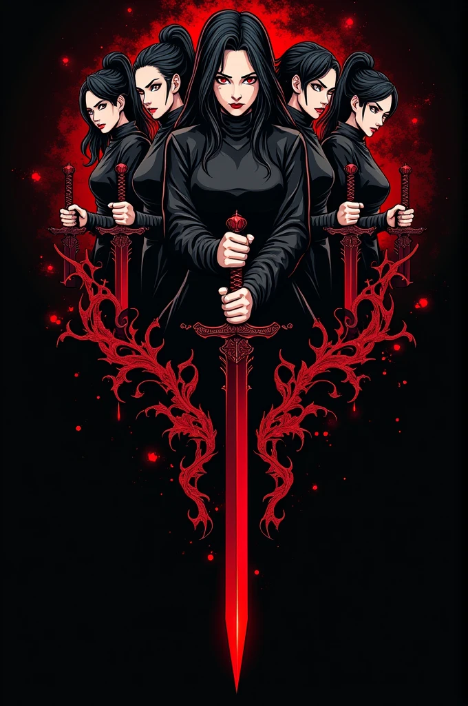 Logo with 6 girls with daggers with red and black color