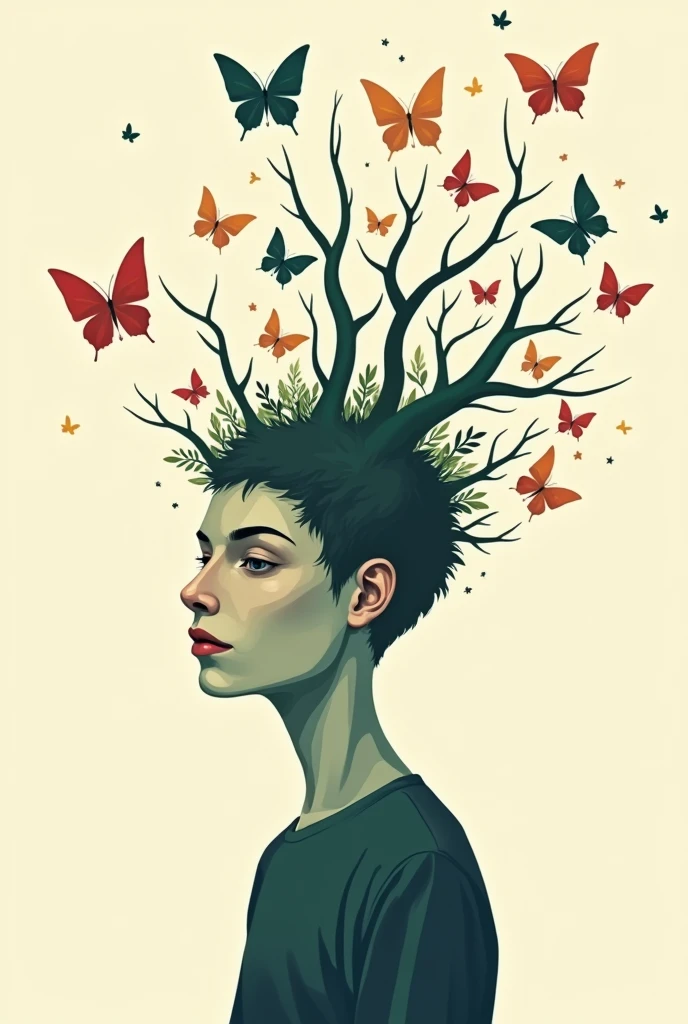 vector of a tree shaped head surrounded by butterflies