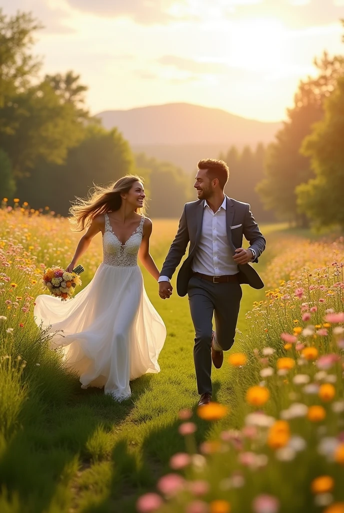 A bride and groom playing running in the background of a beautiful landscape like a green field full of flowers, a radiant sky in the late afternoon