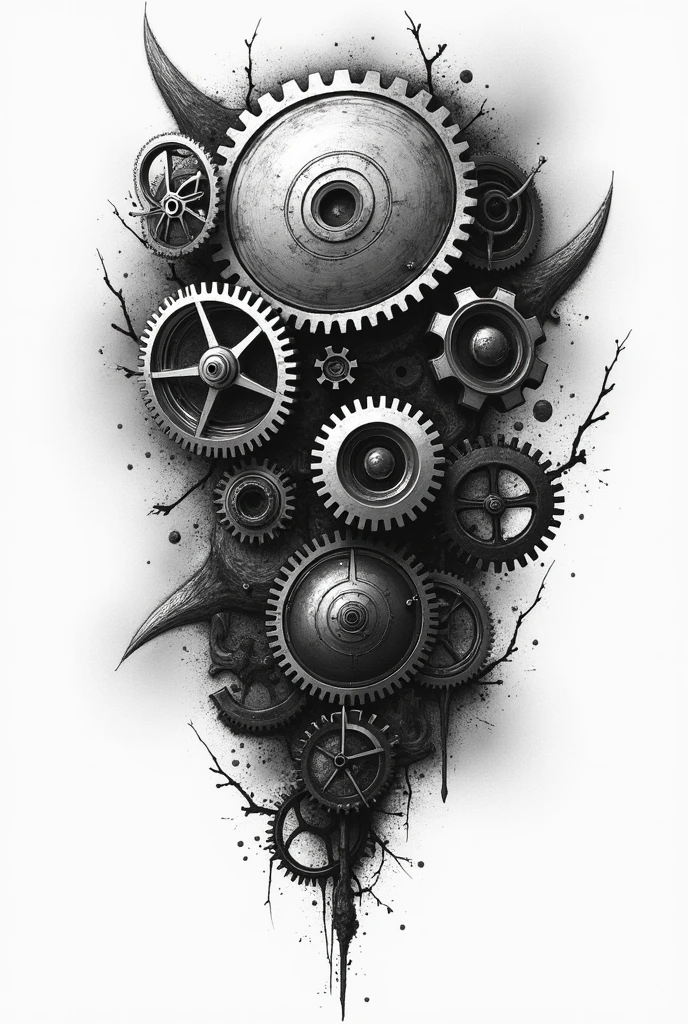 black and white tattoo Relativity and Gear Movement: Create a design where the gears appear to be in motion, with distortions and visual effects that allude to time dilation and relativistic effects.