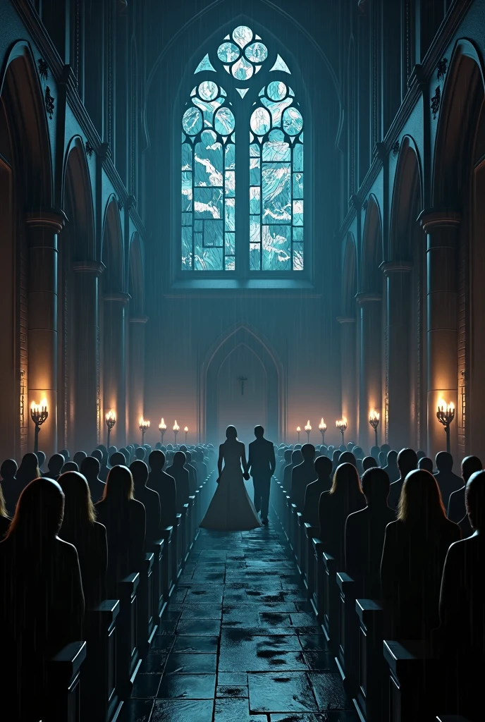 Dark church lit only by candles , rainy night thunderstorms , marriage, realistic 3d drawing . macabre church
