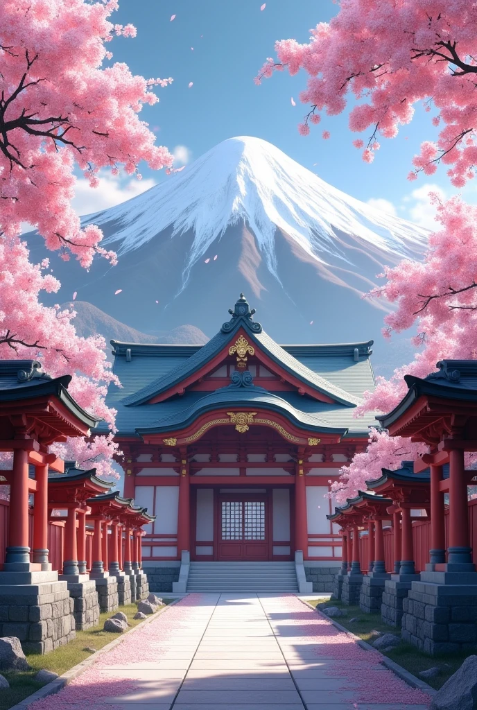The sacred shrine in the mountains, surrounded by cherry blossoms, symbolizing the intertwining of their fates.