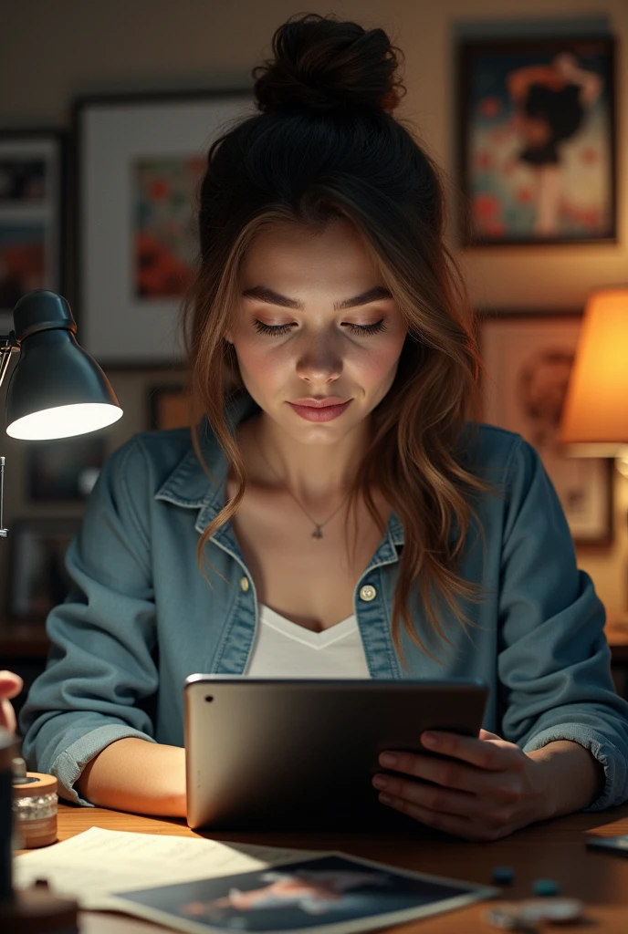 Girl processing photos on tablet 