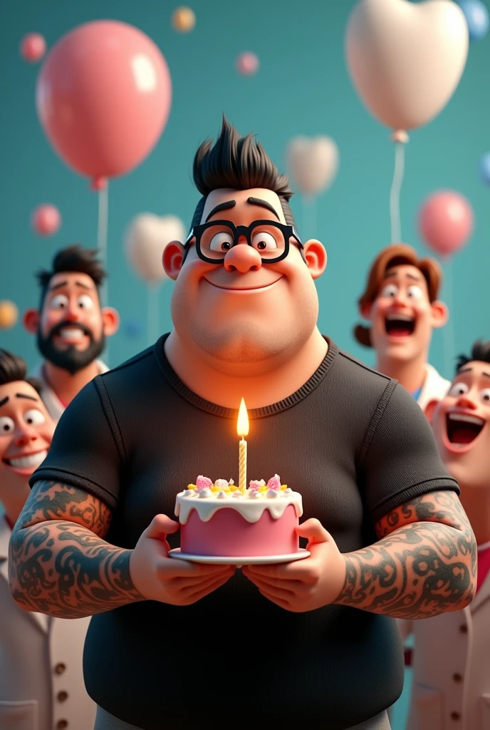 Disney Pixar style 3D character illustration of a plus-size man, square face of a bad boy with short hair combed to the side, black glasses, black sweater, tattoos on arms, blowing out a birthday candle surrounded by dentists and tooth balloons