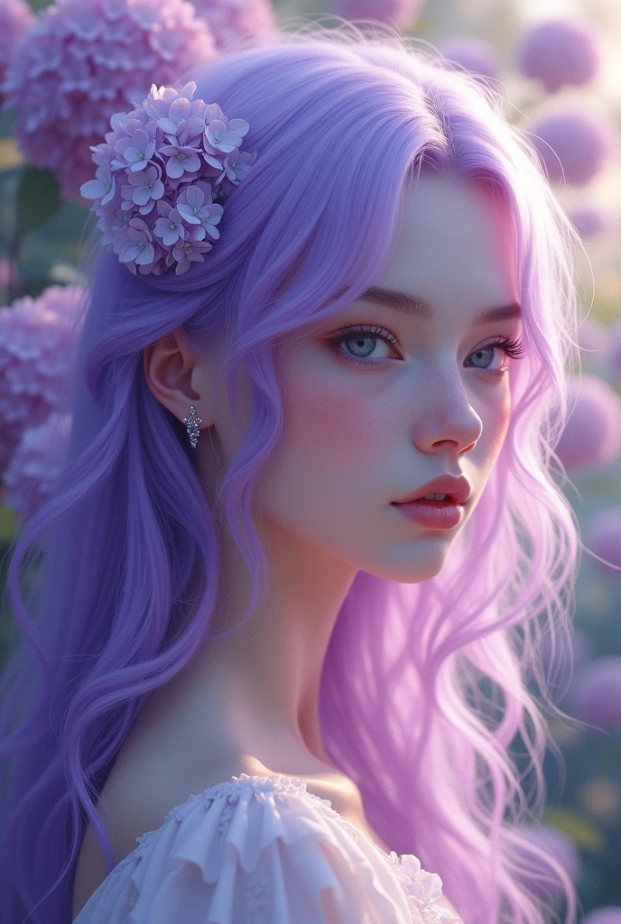 lavender skinned girl, and hair in shades of purple and lilac that looks like a Hydrangea flower 