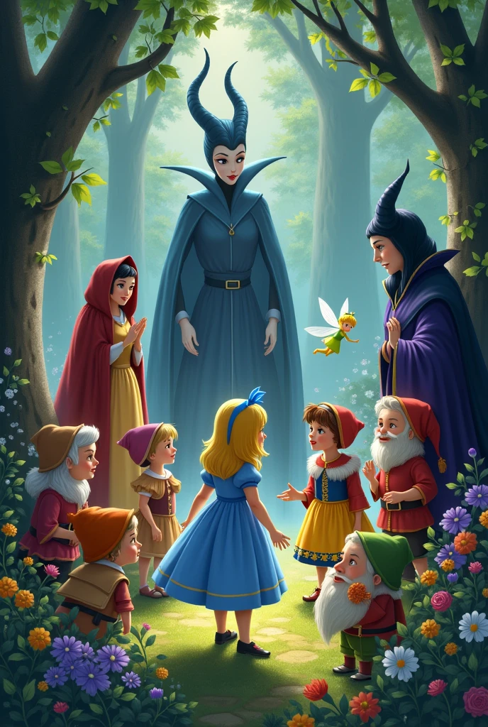 Alice, tinkerbell, fairies, little red riding hood, seven Dwarfs, Maleficent, witch, snow white, Sleeping Beauty.