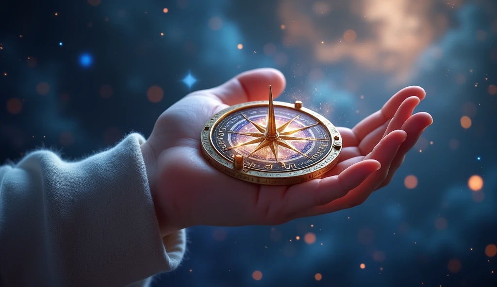 Child's hand holding cosmic compass