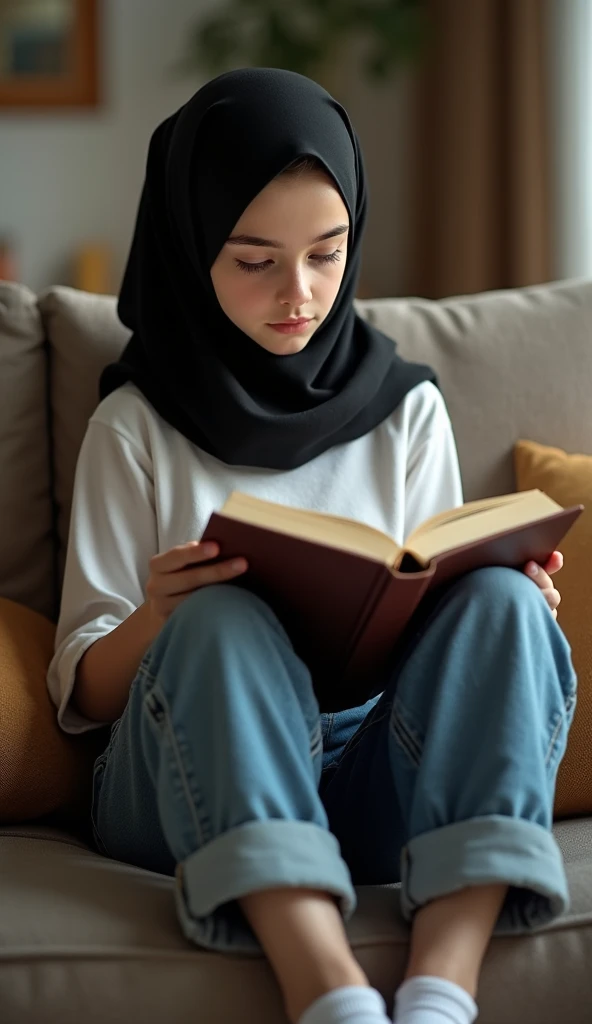 Best quality, masterpiece, ultra high resolution (photorealistic: 1.4), raw photo, 1 girl, European girl, little caucasian girl, cute and adorable girl, age girl, wearing black hijab, baggy white t-shirt, baggy jeans, ((white socks)), in her livingroom, reading a book, ((full body view)), Sitting on a couch
