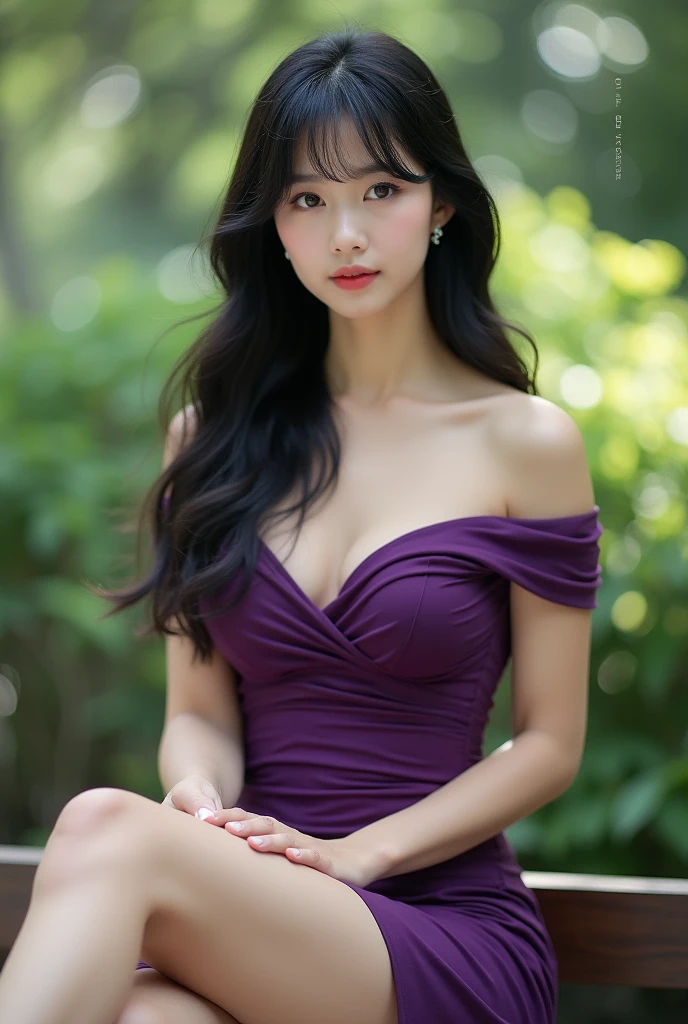 Gambar kualitas tinggi wanita Korea cantik rambut hitam panjang pake poni kening terlihat anggun mempesona pakai dress seksi ungu tua duduk di taman out door tumpang kaki dengan seksi pakai sepatu hak tinggi putih 