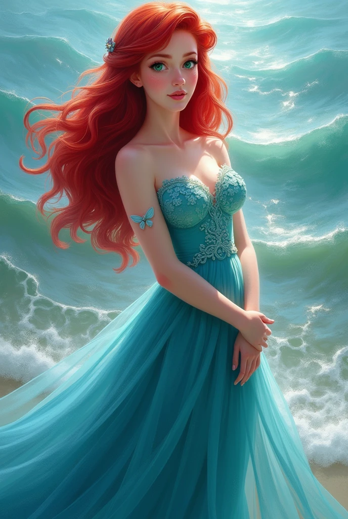 Create a portrait of Ariel as a human with a blue dress 