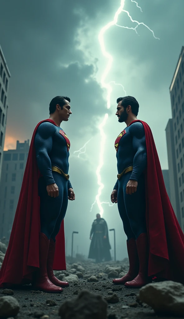 Scene 1 - The Awakening of Conflict: Superman and General Zod meet in a devastated city. The sky is laden with dark clouds and lightning, reflecting the state of tension. Superman is in the center, with a determined attitude, while Zod is face to face, With a defiant expression.