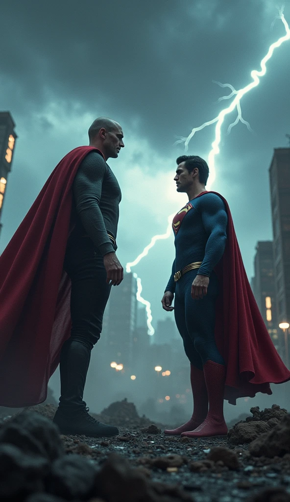 Scene 1 - The Awakening of Conflict: Superman and General Zod meet in a devastated city. The sky is laden with dark clouds and lightning, reflecting the state of tension. Superman is in the center, with a determined attitude, while Zod is face to face, With a defiant expression.