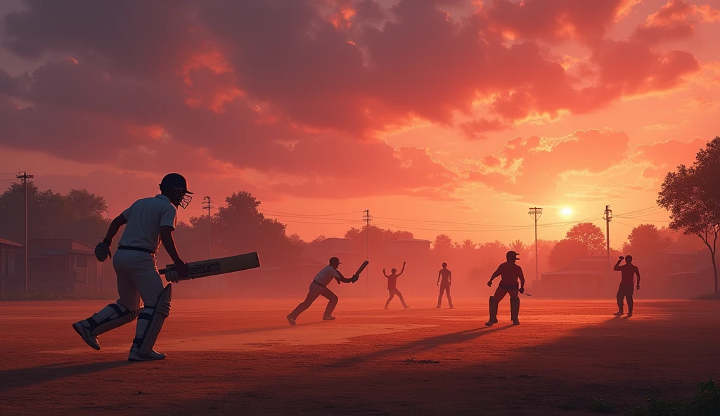 A local Cricket ground playing cricket no grass sand ground in time evening sunset reddish realistic