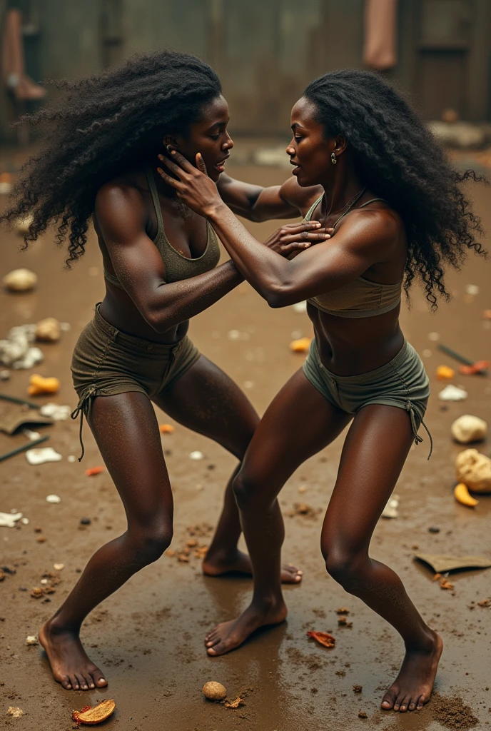 Two beautiful barefoot black women fighting in the middle of a ring with food scraps scattered everywhere, their bodies are dirty too.
The view must be from above.

