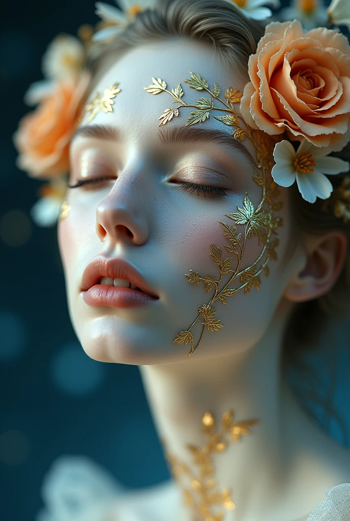 A close-up of a woman's face with porcelain skin, her eyes closed in a serene expression. Her face is adorned with intricate, gold leaf patterns that resemble branches, interwoven with soft, white and orange flowers. The background blends into a cosmic night sky filled with stars, giving the scene a dreamy and ethereal feel. The gold elements shimmer against the deep blue of the cosmos, creating a contrast that highlights her delicate features.