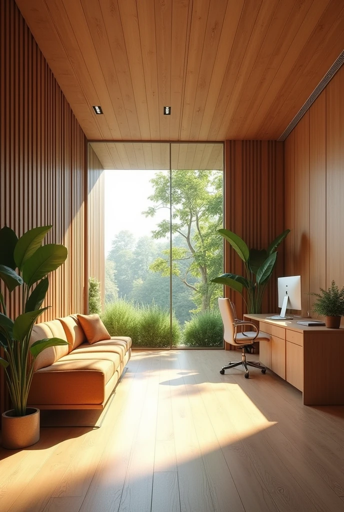 PERSPECTIVE OF AN OFFICE WITH LEAF IDEAS, MAJOR WOOD COLOR, WITH A BREAKTHROUGH IN SPACE BUT ALSO GENTLY