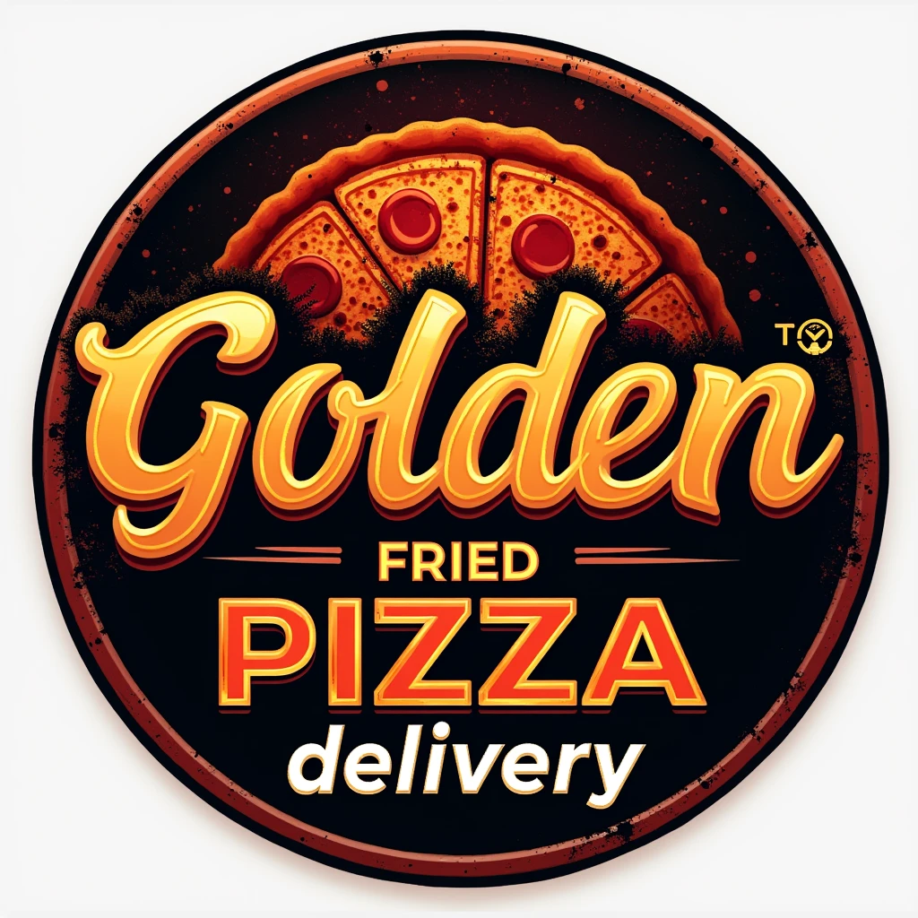 CREATE A round LOGO for a restaurant called "golden" which will be highlighted, just below it will be written EXACTLY "fried pizza" in capital letters. at the bottom in white "delivery". The name will be highlighted with a bold, industrial-style font.. Include a color palette that reflects a delivery restaurant, with metallic tones like red and orange accented by a vibrant, contrasting color like black or blue to represent the heat and intensity of the flavor. A clean and modern design, suitable for reproduction on business cards, flyers and for instagram page.