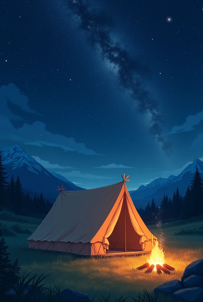 poster the tent is standing in a meadow under the starry sky, in front of it there is a bonfire above the tent there is an inscription Yuru camp: a new era is coming