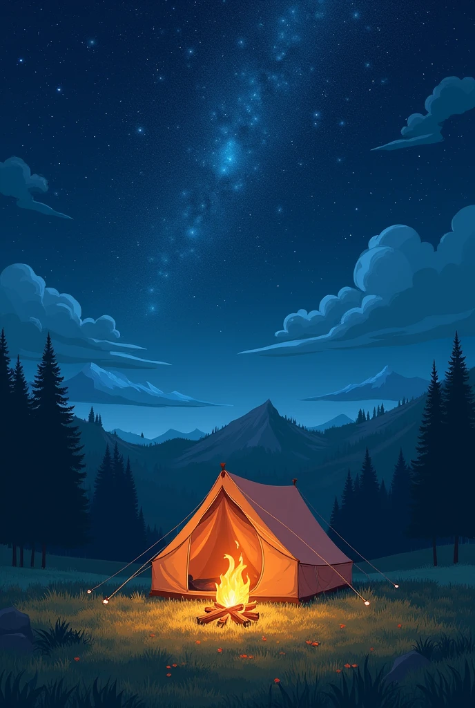 poster the tent is standing in a meadow under the starry sky, in front of it there is a bonfire above the tent there is an inscription Yuru camp: a new era is coming