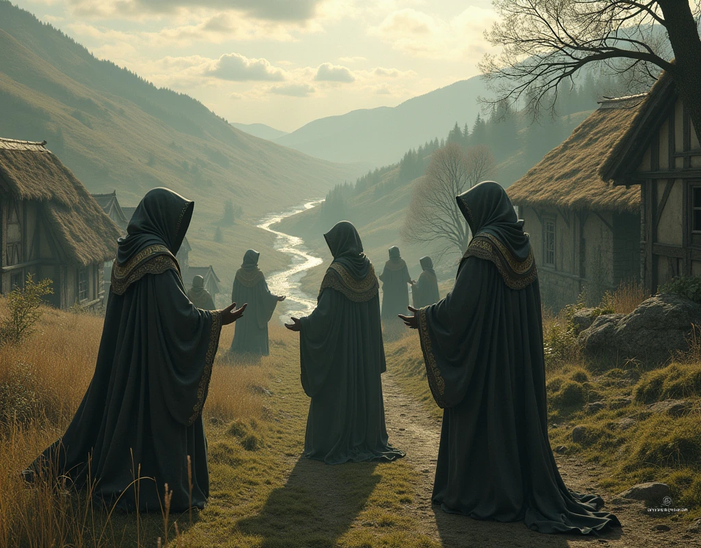 (photorealism:1.2), medieval rural place with mystic people doing enchants third person view