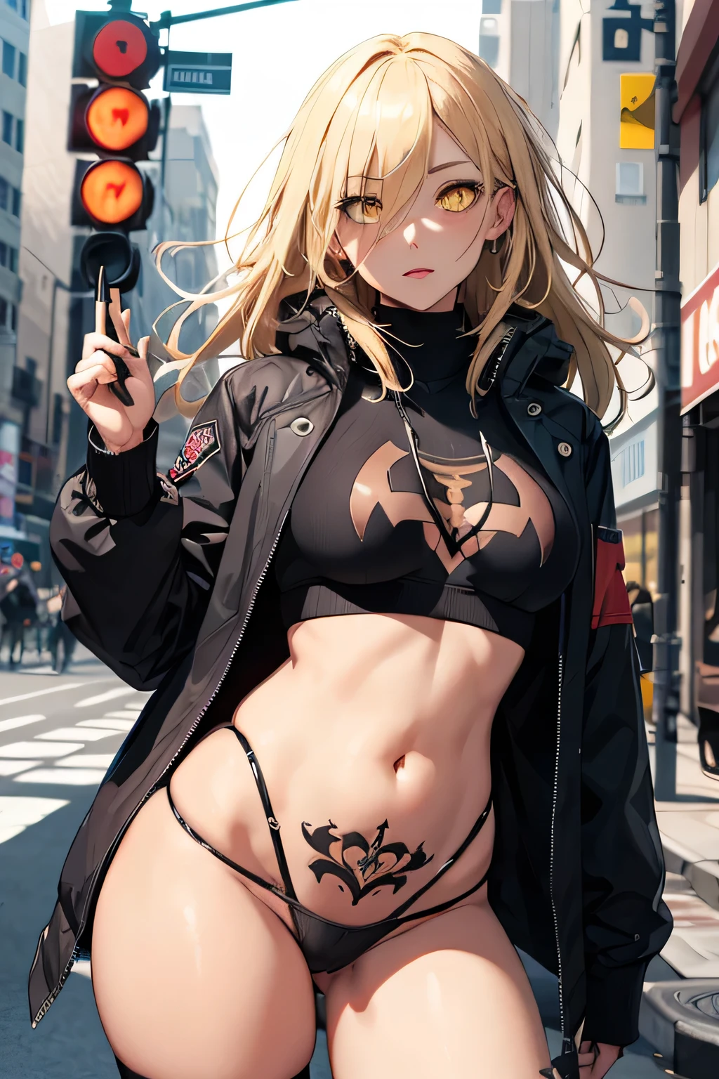 (masterpiece), best quality, expressive eyes, perfect face, top, jacket, miniskirt, thong, belly tattoo, 1 girl, on the street, power \(csm\), symbol-shaped pupils, yellow eyes, blonde hair, 