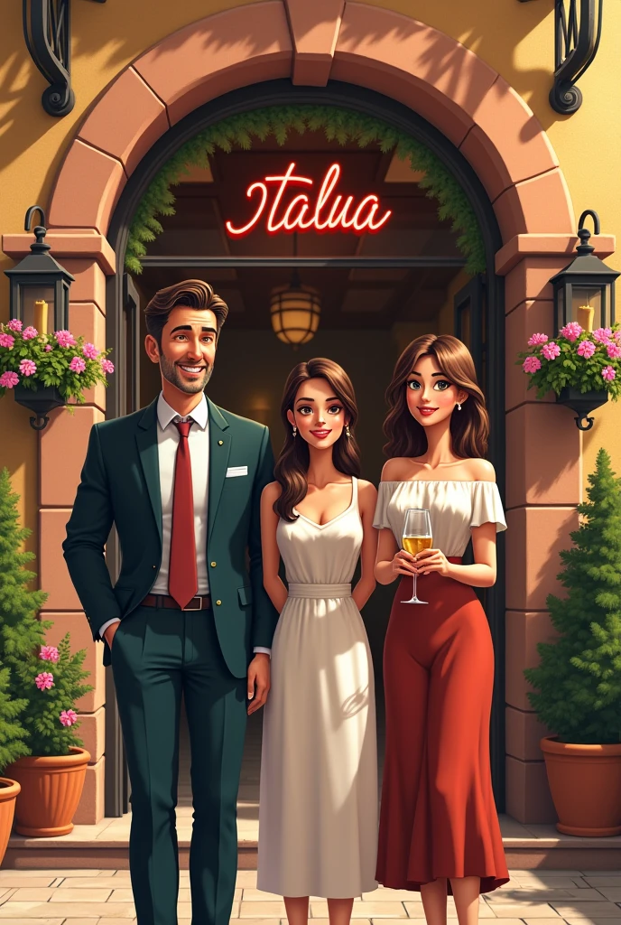 Take me a picture of a restaurant called Italua and a lady and a gentleman of 40 and a woman of 28 looking at the restaurant and smiling happily