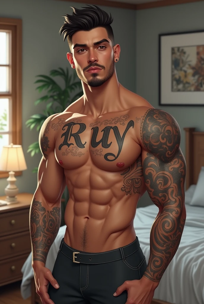AI design High quality imvu drawing a young muscular man light skin with goatee with “ruy” tattoo and other tattoos background bedroom