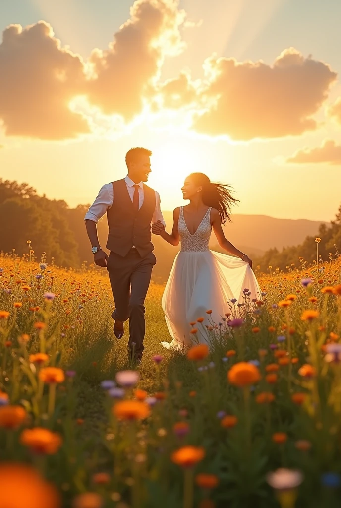 A black groom and a white bride playing running in the background of a beautiful landscape like a green field full of flowers, a radiant sky in the late afternoon
