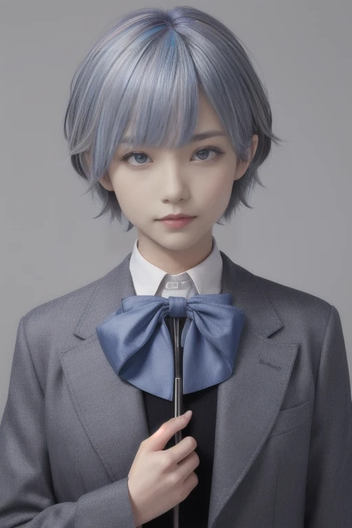 The Four Canatas, One Girl, alone, short hair, bangs, Simple Background, bow, Blue Hair, Purple eyes, Jacket, Grey Hair, Multicolored Hair, wing, Blue ribbon, Bobcut, Wing, Asymmetrical hair, Angel's Wing, Inner hair color, White winged, Single hair ingestion, Star Hello, clavicle,Flat Chest,Backward view,Sweat from exercise, wait.,Exposing shoulders,gloves,Teasing Smile,Close one eye