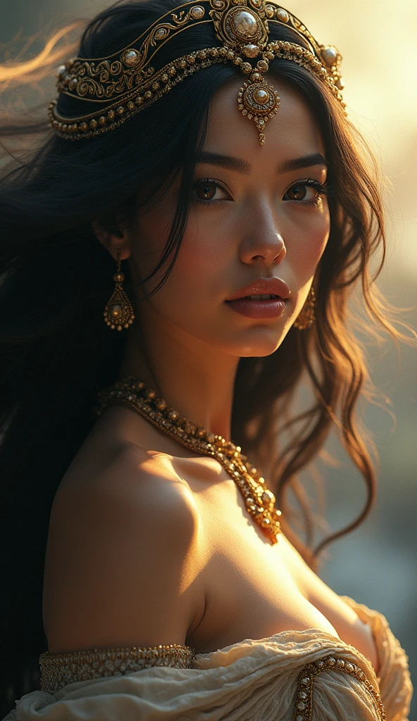 1 goddess in ancient mythology, beautiful detailed eyes, beautiful detailed lips, extremely detailed face and features, long flowing hair, ornate headdress, intricate jewelry, dramatic lighting, dramatic pose, ethereal, glowing, epic, cinematic, dramatic colors, chiaroscuro lighting, volumetric lighting, digital painting, masterpiece, best quality, 8k, ultra-detailed, photo-realistic