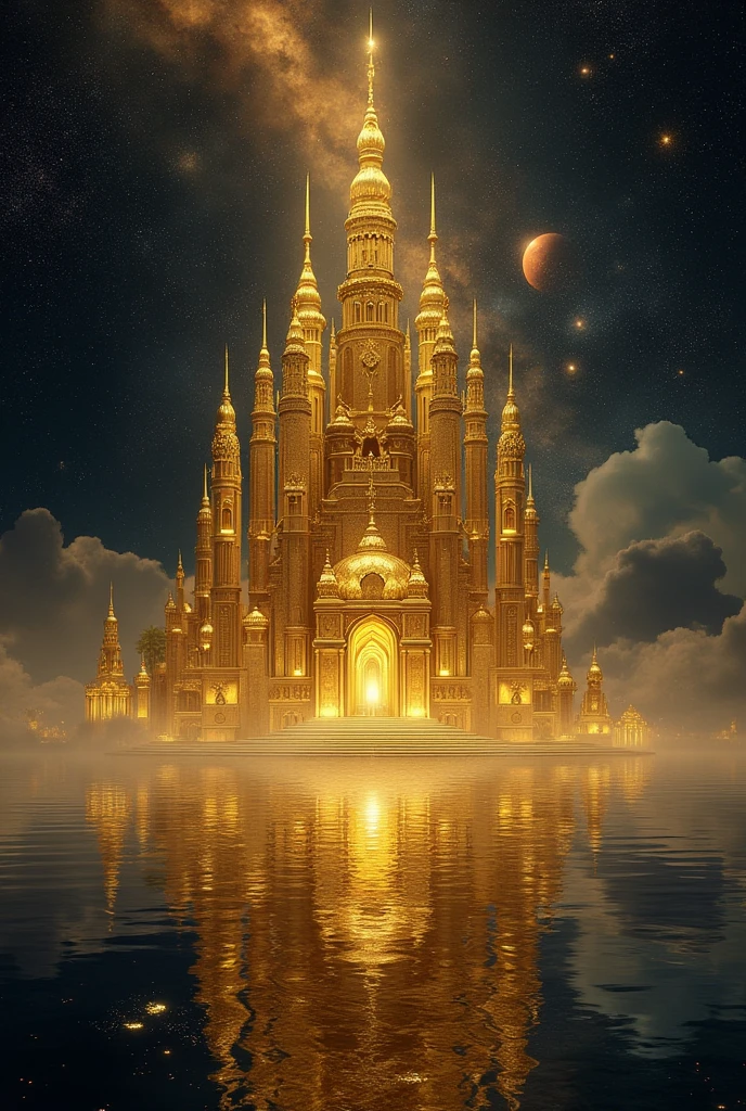 Big golden temple in the universe with water floor 