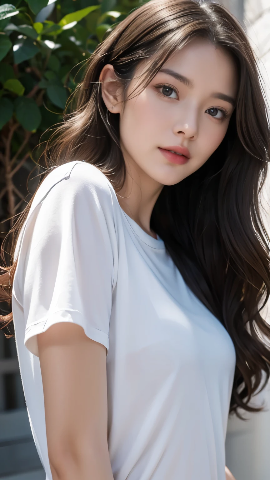 highest quality、Perfect Face、Perfect Style、perfect body、Sunburn、beautiful lady、mature、long curly layer brown hair、Swept-back hair、full body, sexly 、charming、healthy、of the highest quality、8K、
a beautiful lady in T-shirt posing, in the style of liam sharp, 32k uhd, webcam, iPhone RAW quality photography, brightened colors, nature in theme, eve ventrue, smooth and curved lines, mid body shot, intensity but pleasant in facial expression. Avant-garde
