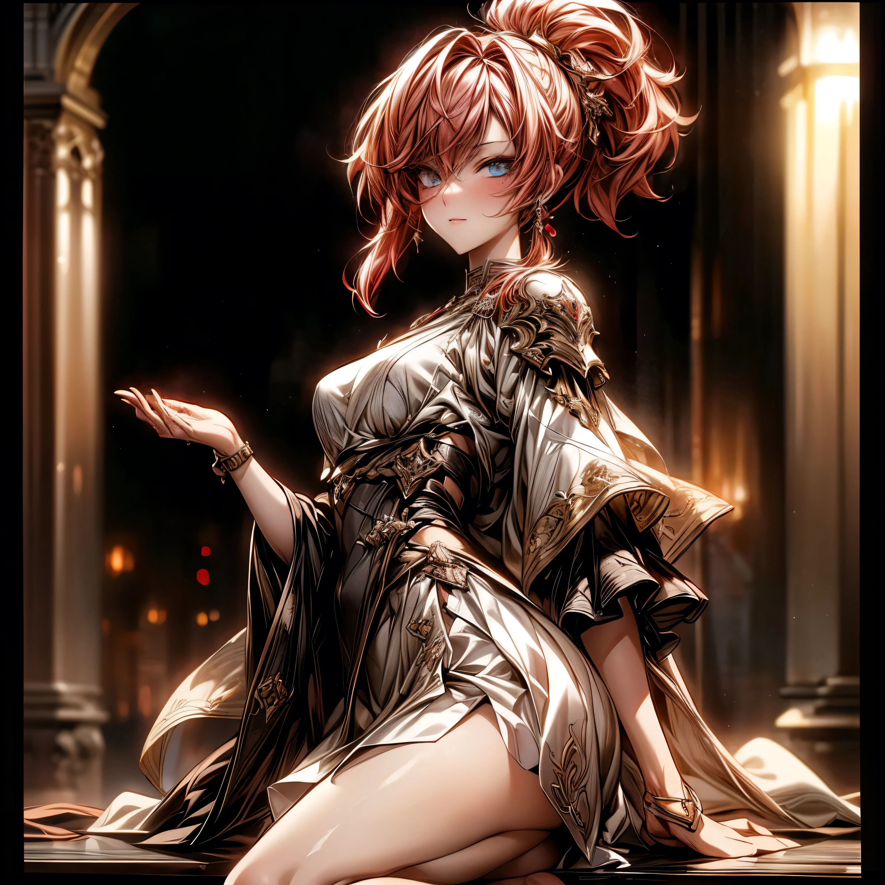 (best quality)), ((Masterpiece)), (details:1.4), 3d, HDR (high dynamic range), an image of a beautiful cyberpunk female, fantasy, Cyberpunk, Red hair, High ponytail, Full body, Beautiful white eyes, จมูกโด่ง, ปากแดง, หน้าอกใหญ่, nvidia RTX, PBR surface, After processing, Anisotropic filtration,depth of field, Maximum clarity and clarity, multi-layered surface, Subsurface scattering, perfect proportions, 8K raw files, ultra detailed, Perfect proportions, volumetric lighting, soft lighting, Holy Paldin, Heavy Golden Armor, glossy skin, Castle background, jewely, ต่างหู, นิ้วมือสมบูรณ์, mini white skirt,