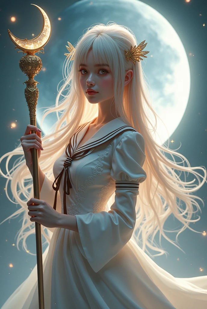 Sailor Crescent Moon with long beet-colored hair, Honey-colored eyes and white skin with a long scepter with a crescent moon on top