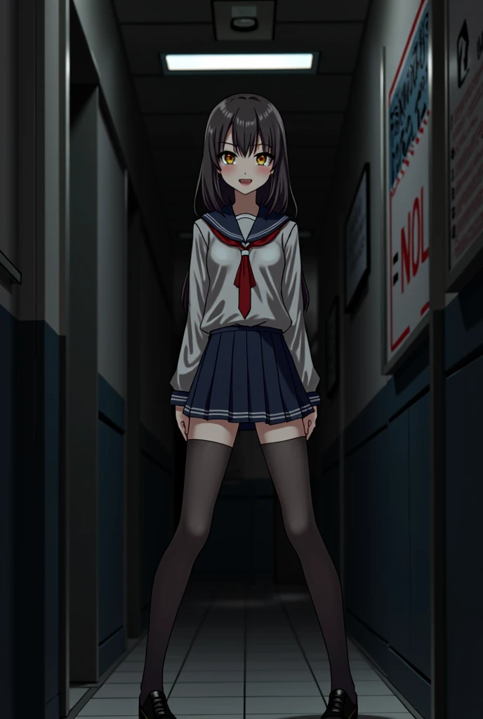 Girl wearing stocking and mini skirt school uniform. Standing split in narrow hallway