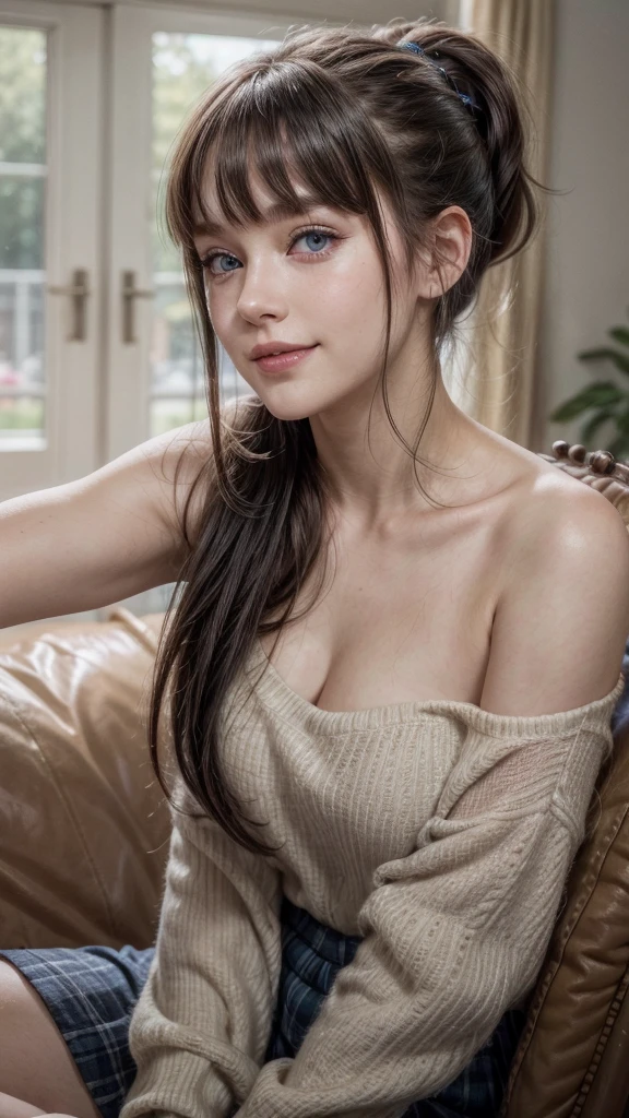 1girl, , High Resolution, Breasts, Smile, Blue eyes, Bangs, Looking at viewer, Best Quality, Happy, Close-Up, Realism, Depth Of Field, Bokeh, Headphones, Cutel, Masterpiece, Long Hair, Ponytail, Hime Cut, Black Hair, Folded Ponytail, Ray Tracing, Nights, Living room