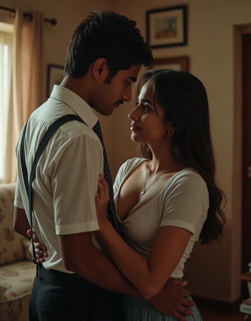 closeup, realistic, uhd image, rich indian brother and indian sister come back from school and have secret affair, cleavage seen, brother squeezing sister's boobs, boob squeeze, brother hugs sister from behind, sister facing camera, secret relationship, brother wearing uniform, sister wearing petticoat, school uniform, inside indian home