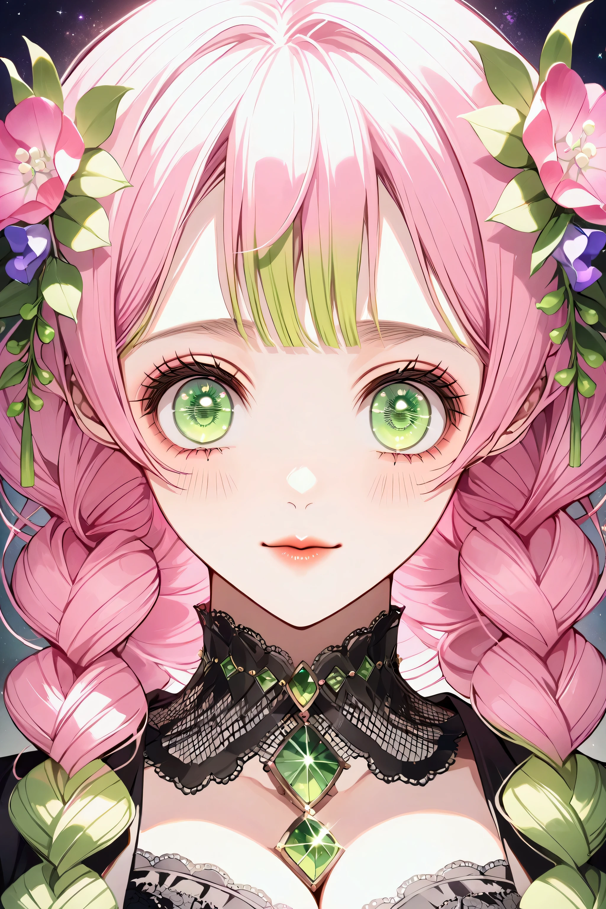 Convert your flower art into illustration.、Create backgrounds with vibrant colors and unique touches　The type of flower is statice、Gypsophila、sweet pea、Mix in some lace flowers, portrait, face portrait, big breasts, cleavage, pink hair, green eyes, (green highlights), green braids, ulzzang, big green sparkling eyes like gemstones,
