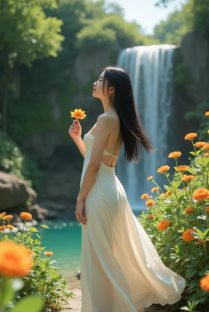 ((The Peeping Tom's Perspective)) A beautiful asian and young girl.Her facial features are exquisite and fully conform to the golden ratio of human anatomy...Her long, black hair, Big breasts, huge chest, fat body,  beautiful scenery,  big breasts, big, big tits, busty , big breast,  big boobs, wearing a beautiful sexy white maxi dress, sitting at the flower garden, waterfall, sexy pose , holding a flower in her hands,  enjoying her time,  smelling the flowers , big breasts 